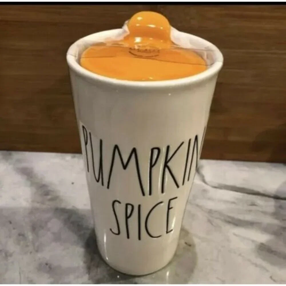 Rae Dunn PUMPKIN SPICE Ceramic Tumbler Travel Mug Cup W/ ORANGE Lid LL VHTF *New